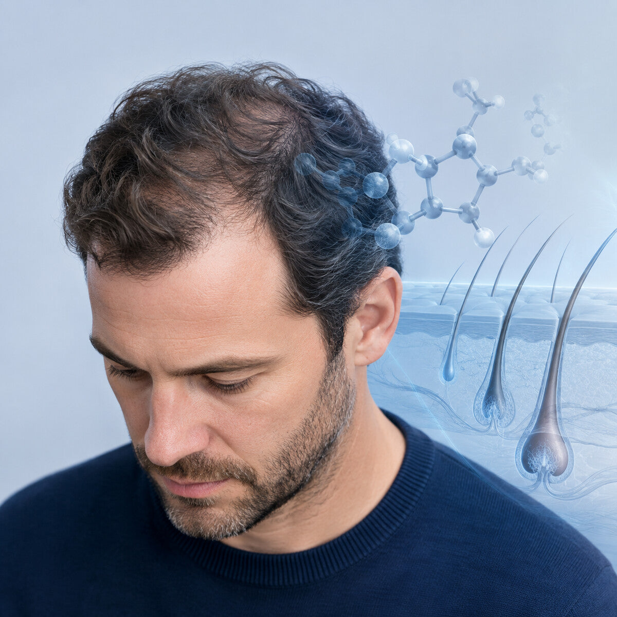Man met erfelijke haarverdunning naast een medische visualisatie van DHT en haarzakjes