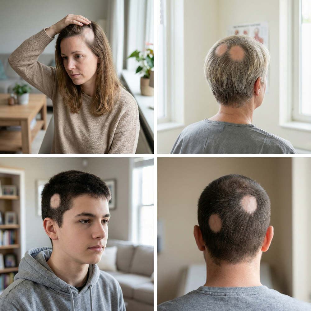 Voorbeelden van plaatselijke of pleksgewijze haaruitval bij mannen en vrouwen