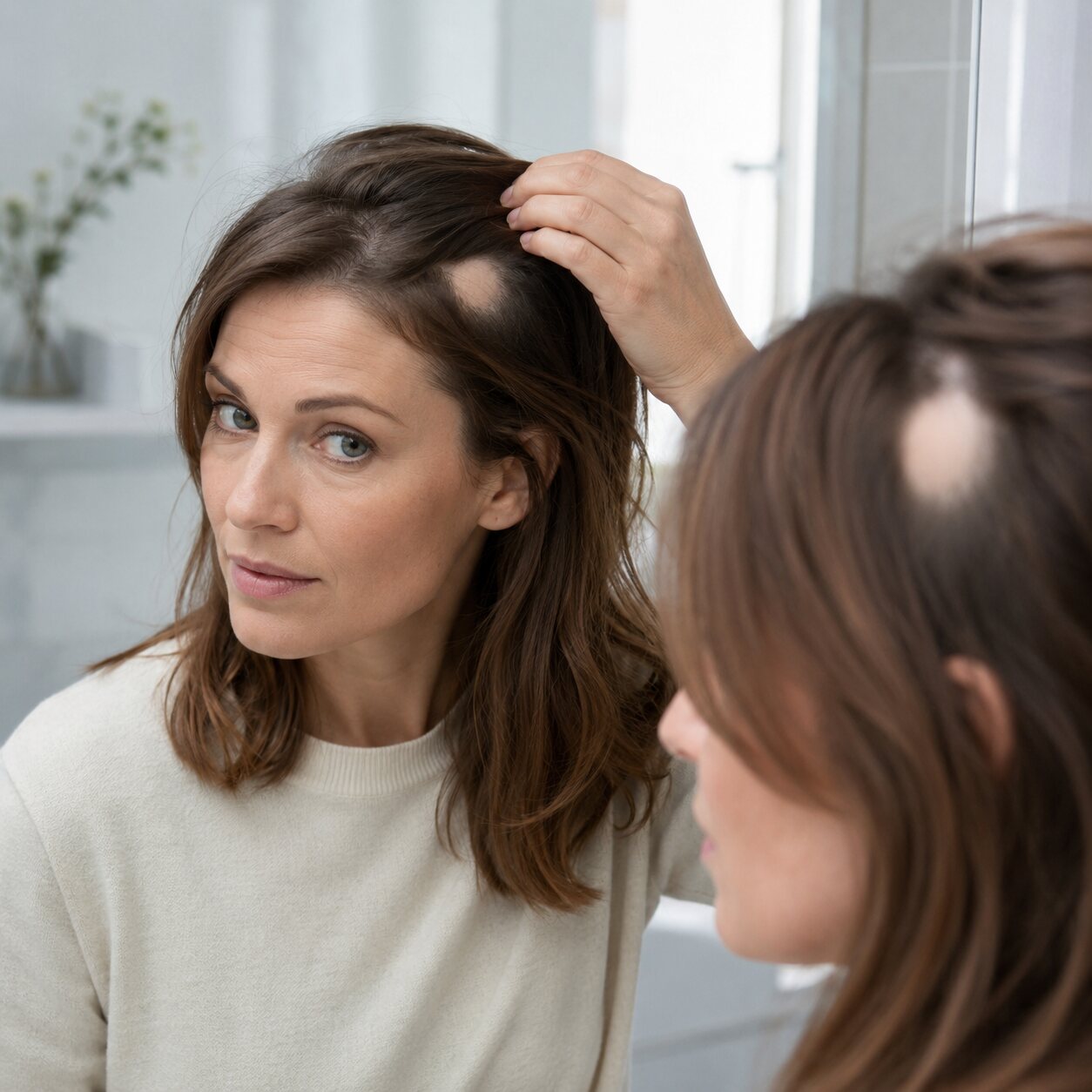Vrouw bekijkt een ronde kale plek door alopecia areata