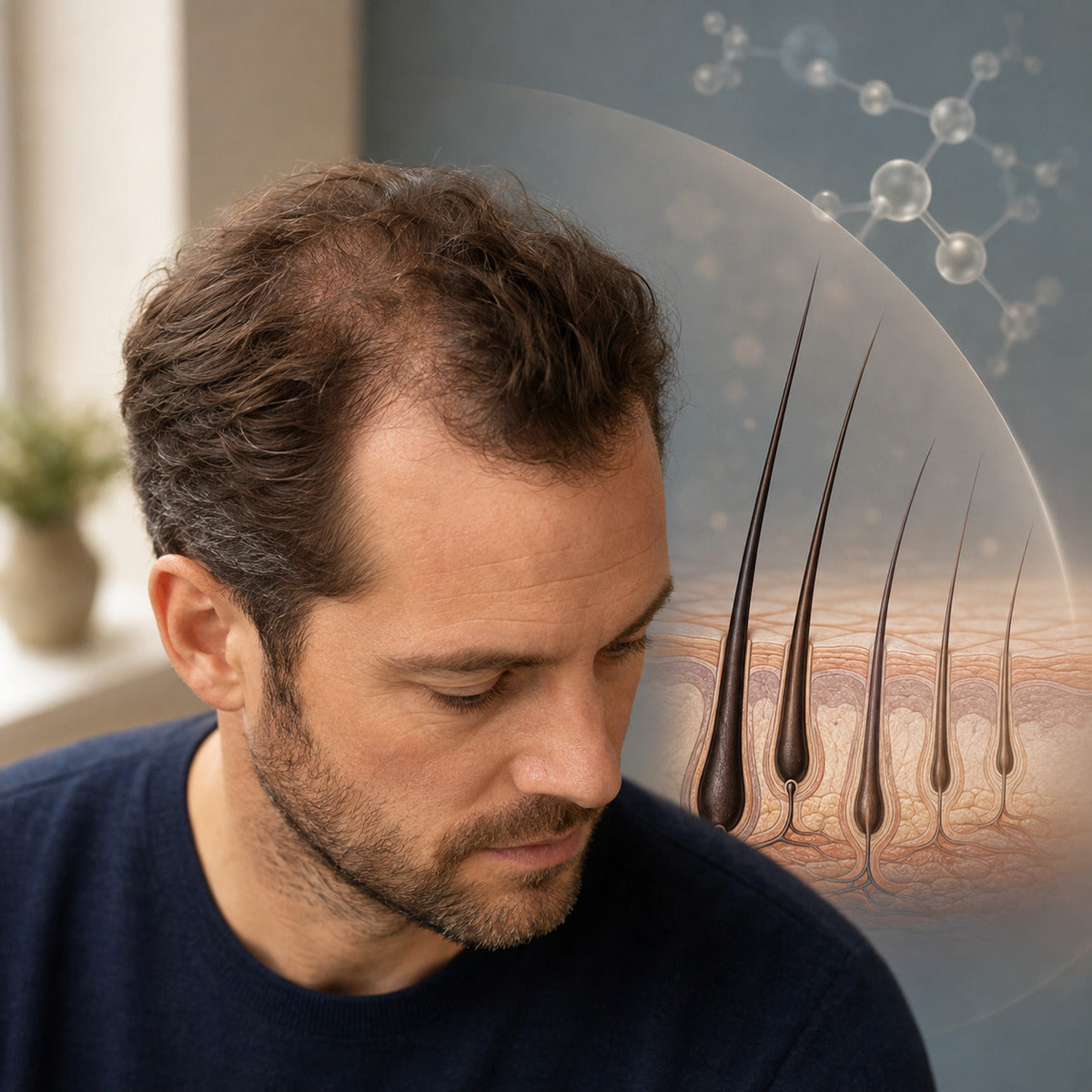 Man met patroonhaaruitval naast een illustratie van DHT en haarzakjes