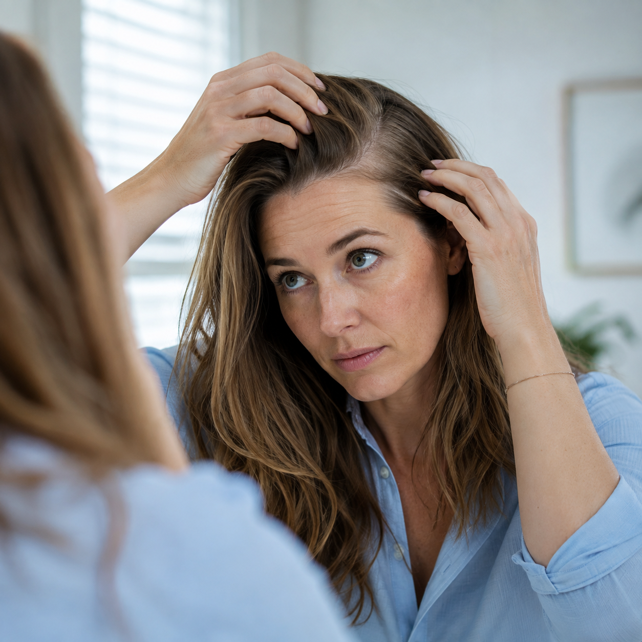 Vrouw onderzoekt een plotselinge verandering van haar en hoofdhuid