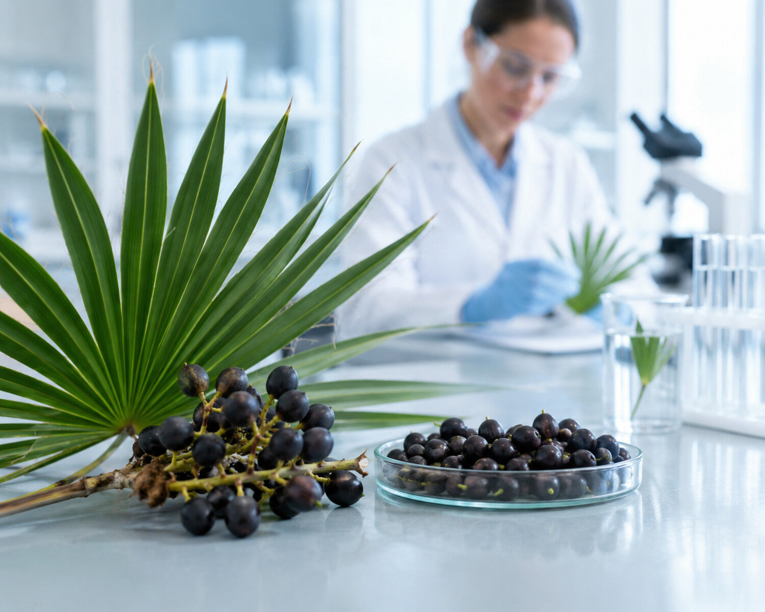 Saw palmetto bladeren en donkere bessen worden onderzocht in een laboratorium