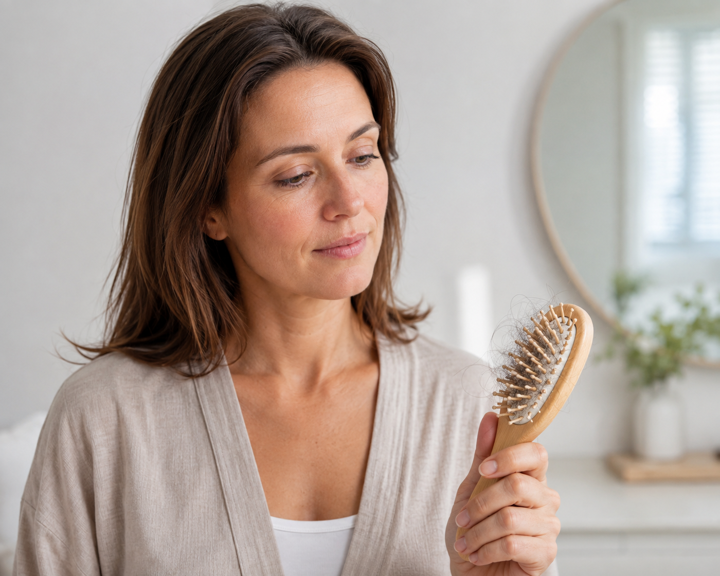 Vrouw bekijkt uitgevallen haren in haarborstel tijdens de tijdelijke uitvalfase van telogeen effluvium.