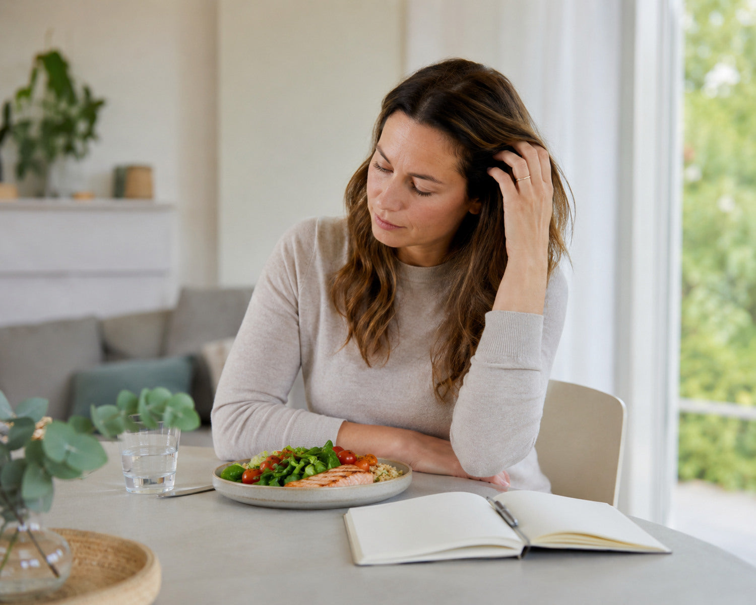 Vrouw bekijkt haar eetpatroon en raakt haar aan na een periode van gewichtsverlies