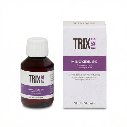 TRIX Basic Minoxidil 5% lotion met rozemarijnolie, fles en verpakking.