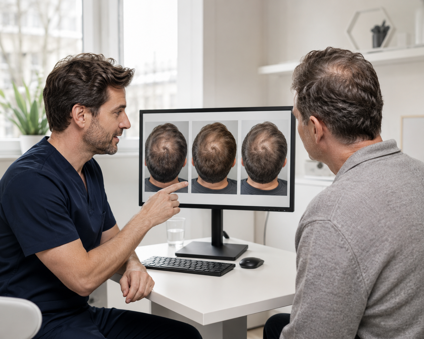 Man en zorgprofessional vergelijken foto’s van de ontwikkeling van kruinverdunning over de tijd.
