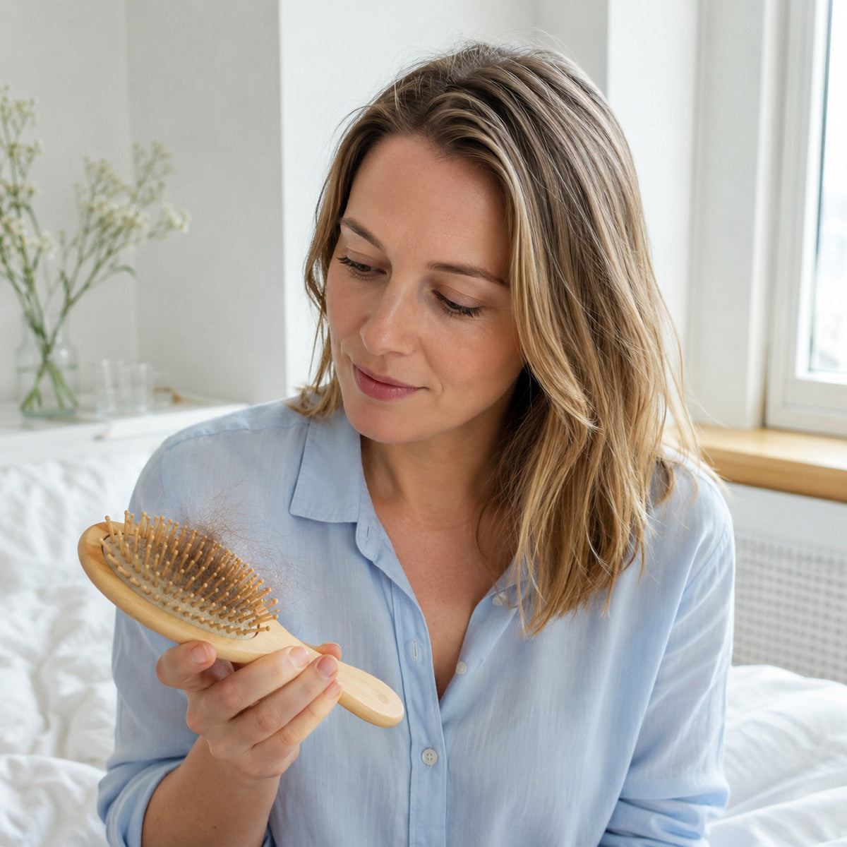 Vrouw bekijkt een normale hoeveelheid losse haren in haar haarborstel