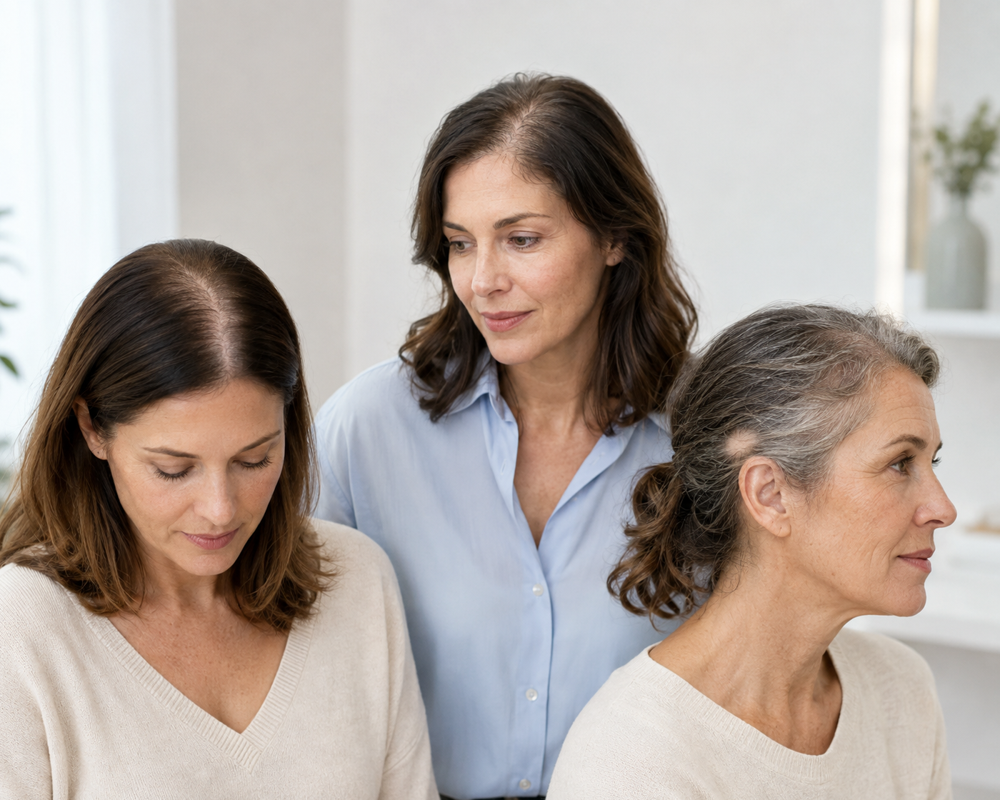 Drie vrouwen tonen verschillende patronen van haaruitval: een bredere middenscheiding, diffuse verdunning en een plaatselijke kale plek.