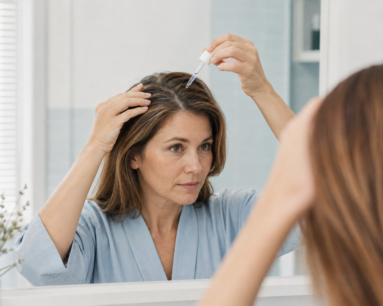 Vrouw brengt hoofdhuidlotion gericht aan op de droge hoofdhuid tussen het haar