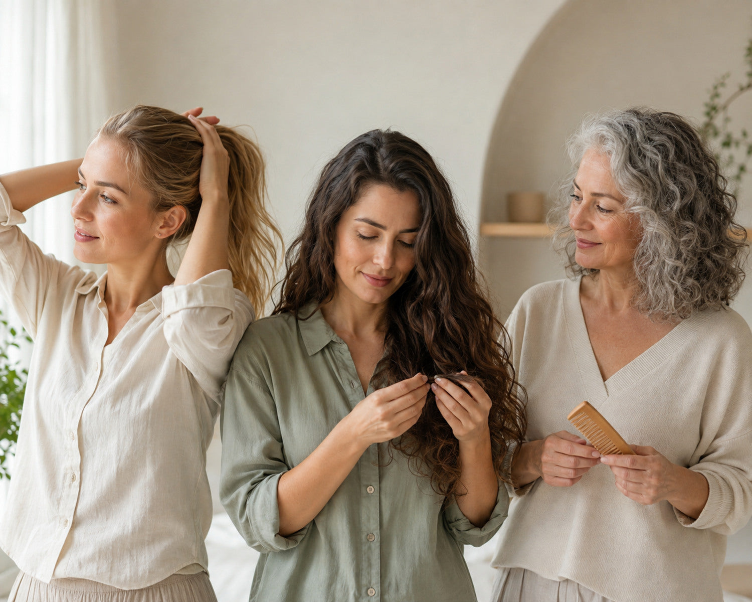 Vrouwen met verschillende leeftijden en haartypen verzorgen hun haar op hun eigen manier