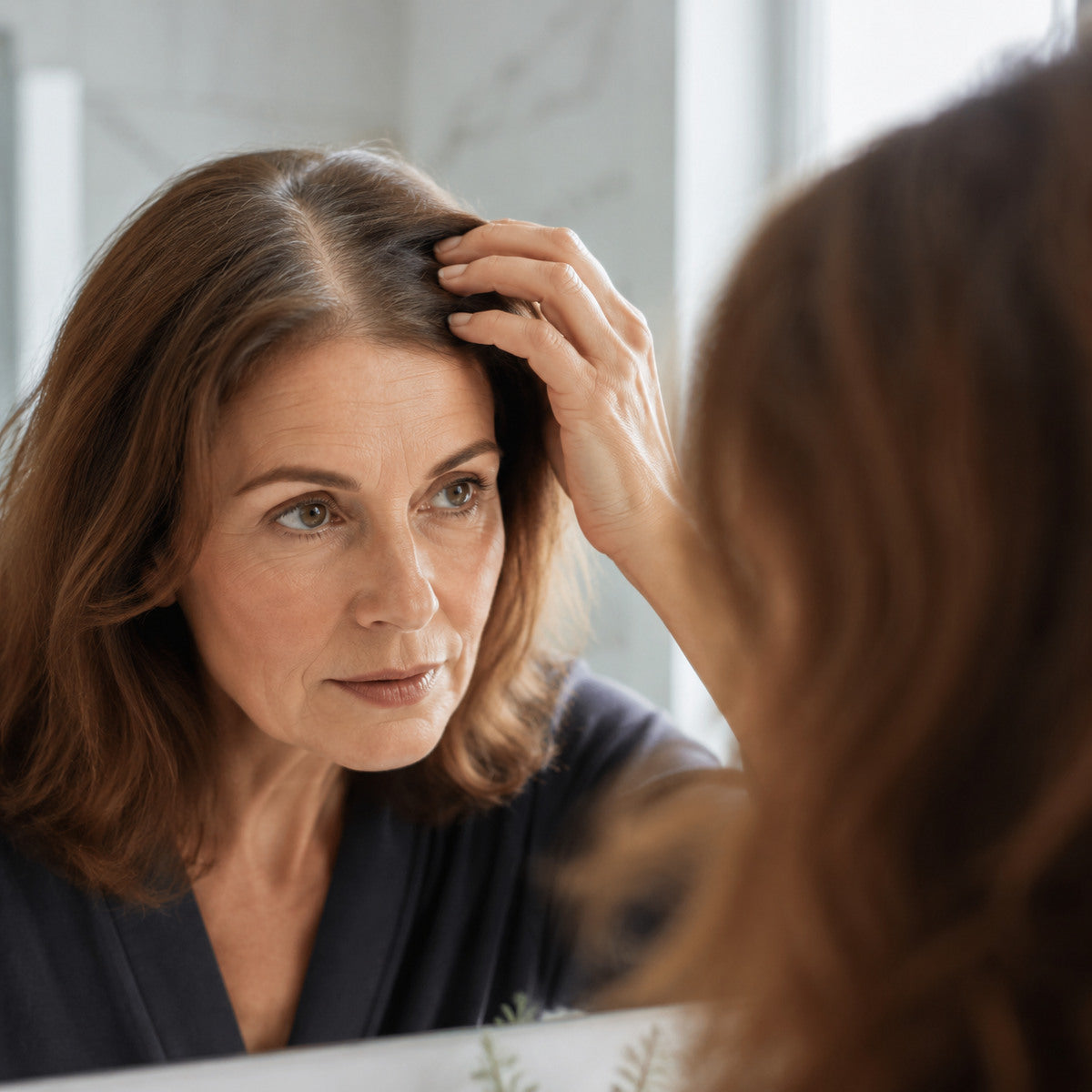Vrouw bekijkt veranderingen aan haar middenscheiding