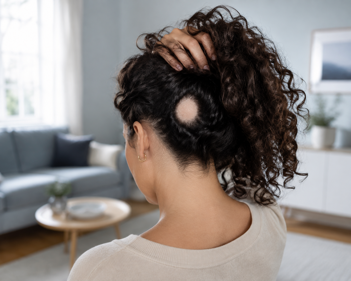 Vrouw met krullend haar toont één duidelijk begrensde ronde kale plek achter op de hoofdhuid.