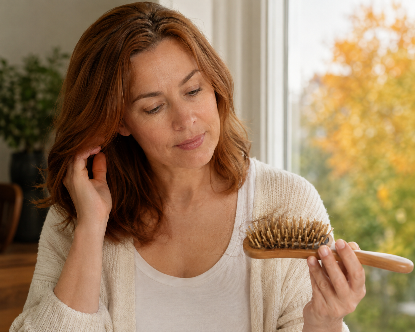 Vrouw merkt tijdens de overgang naar de herfst tijdelijk meer losse haren op in haar haarborstel.
